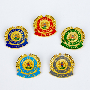 Assorted circular cartoon badges in gold, green, and blue with simple patterns and text