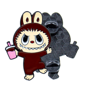 Brown rabbit lapel pin (holding a drink) paired with its sleek black shadow counterpart, displayed on a white background.