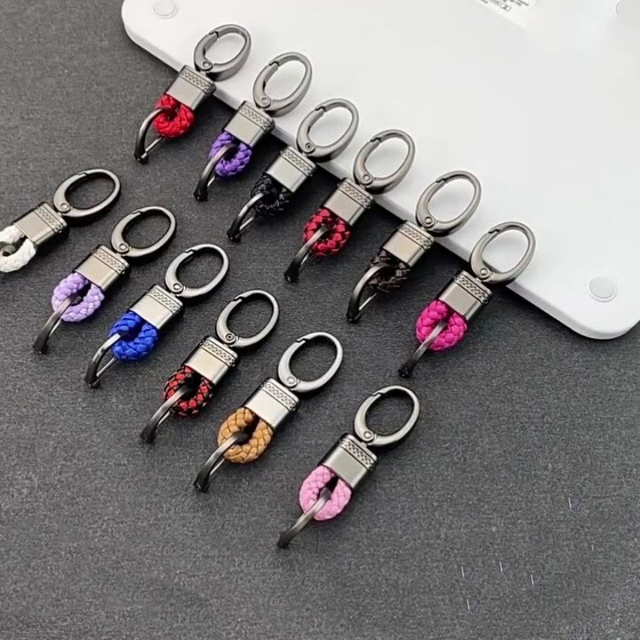 Metal surface laser logo on leather keychain