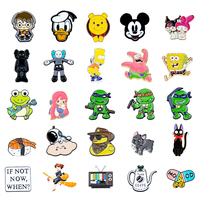 Assorted lapel pins (soccer, basketball, SpongeBob, Mickey Mouse, Lisa Simpson, sushi, fruit, fox) arranged on a white background.